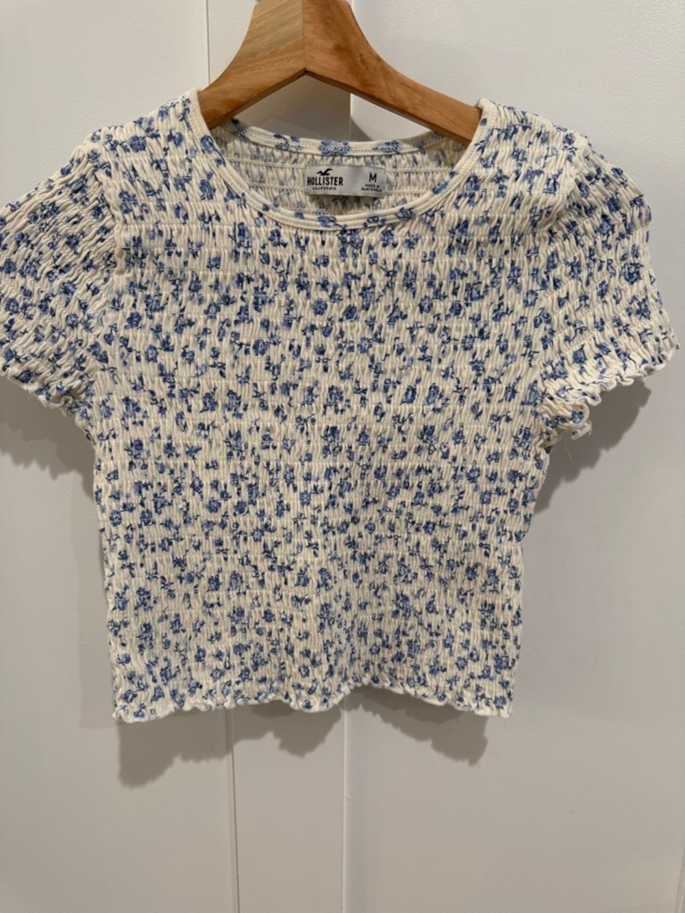 Hollister Cream Top with Blue Floral Smocking